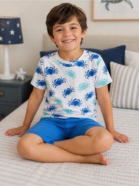 Kids Blue Crab Print Pajama Set - Short Sleeve Top & Shorts